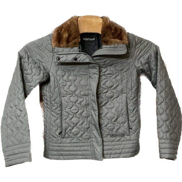 MARMOT St. Moritz Quilted Jacket Womens Medium Faux Fur Collar Full Zip Gray‎ - Picture 1 of 5